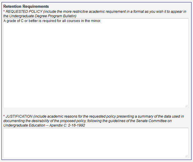 Screen capture of requirements and justification text areas on Entrance and Retention Policies screen.