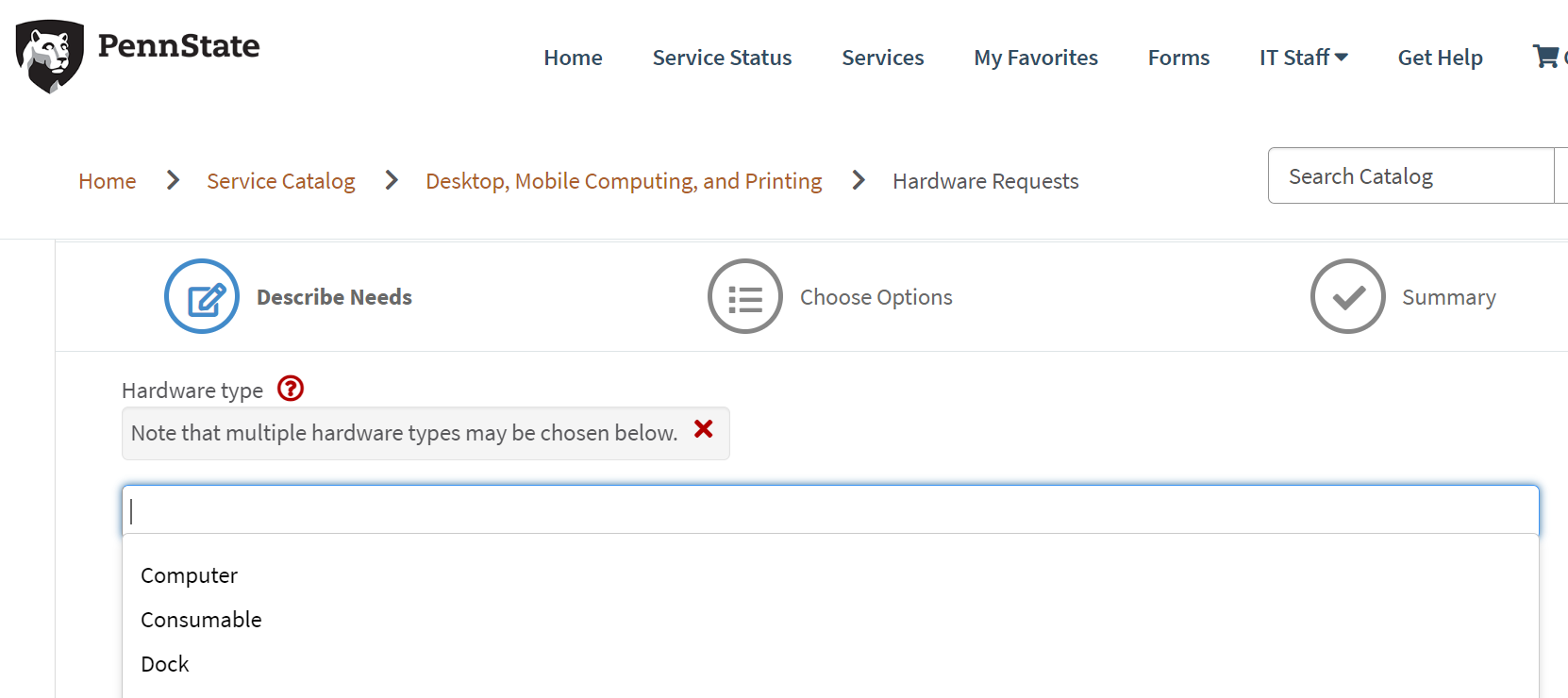 Image of available Hardware types on the Hardware Requests Order Guide