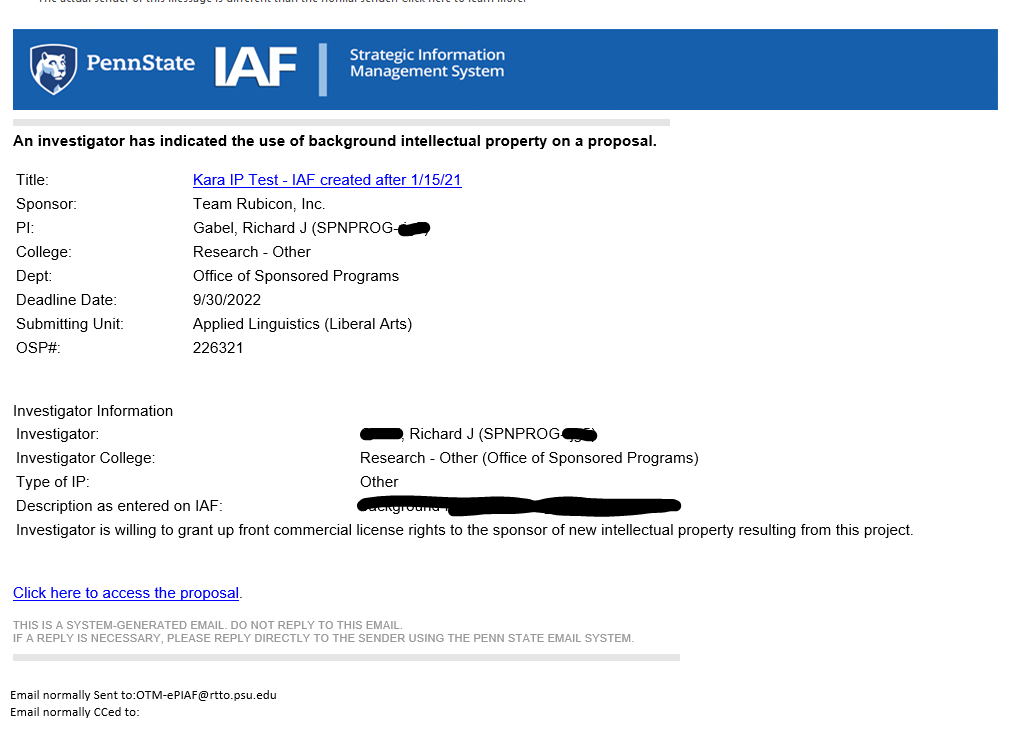 Email indicating investigator intending to use background intellectual property on a proposal.