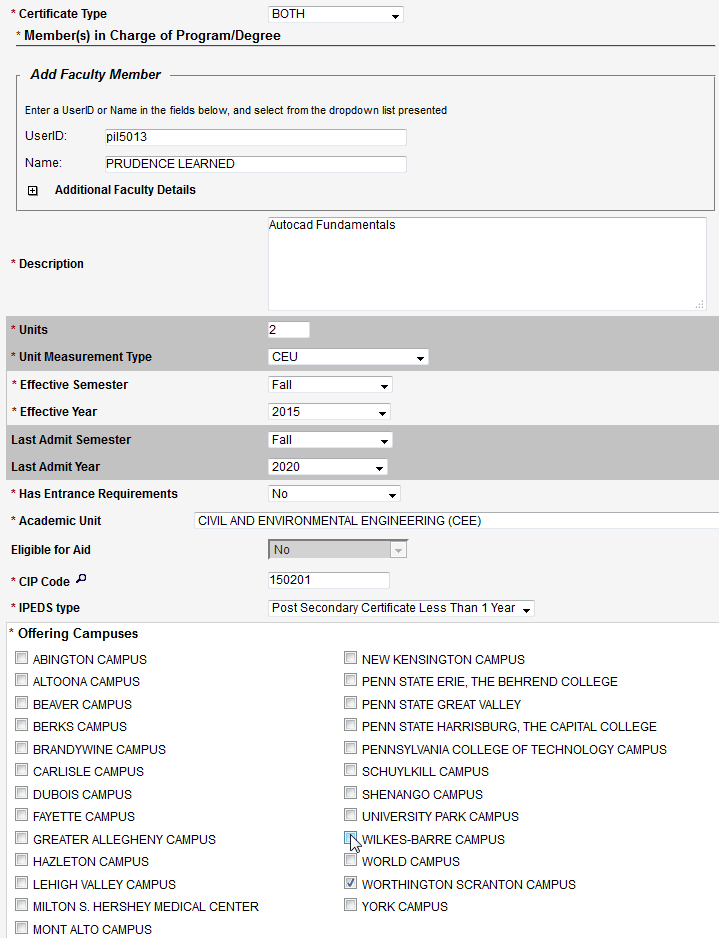 Screen capture of certificate outline fields with Wilkes-Barre Campus being selected as an offering campus.