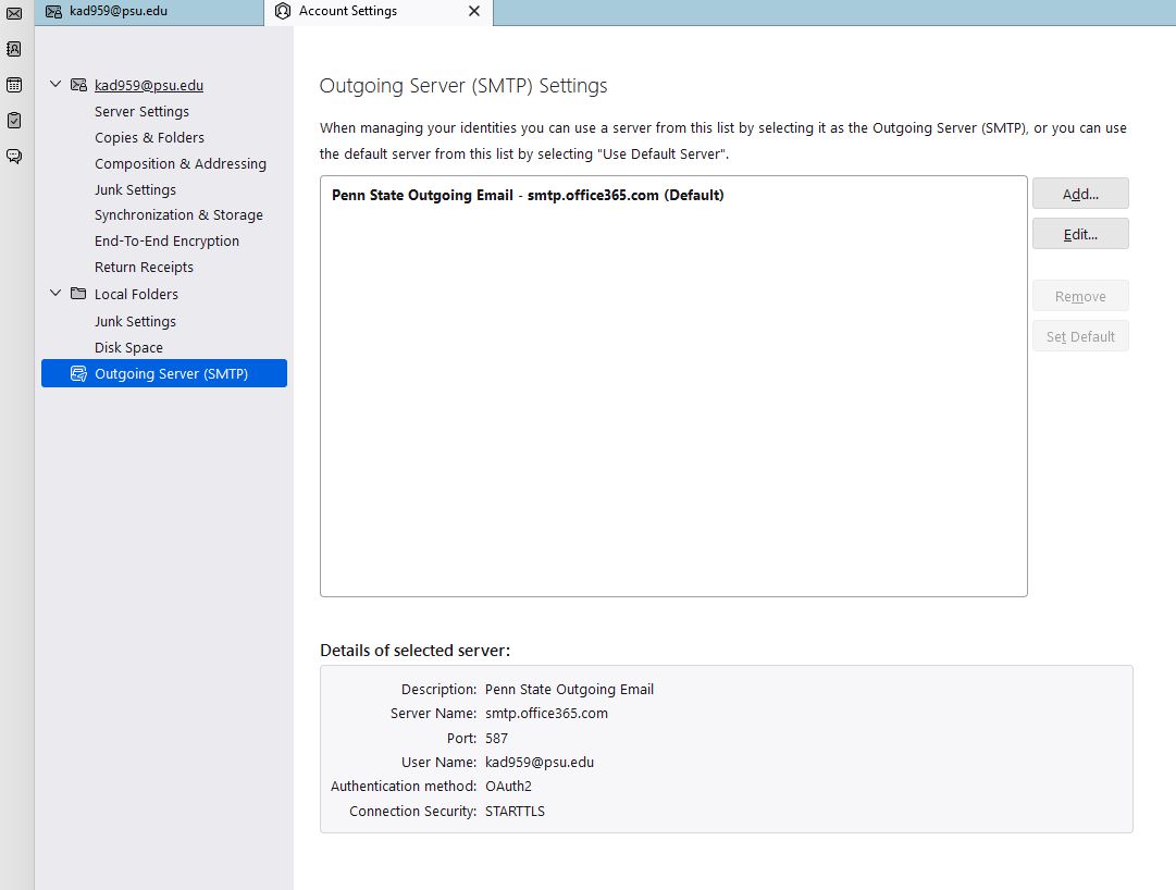 Outgoing mail server settings in Thunderbird