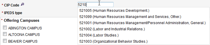 Screen capture of typing in a C I P Code and selecting from the resulting list.