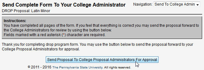 Screen capture of Send Complete Form To Your College Administrator screen.
