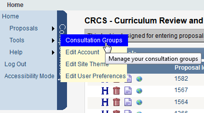 Screen capture of Tools menu with Consultation Groups selected.