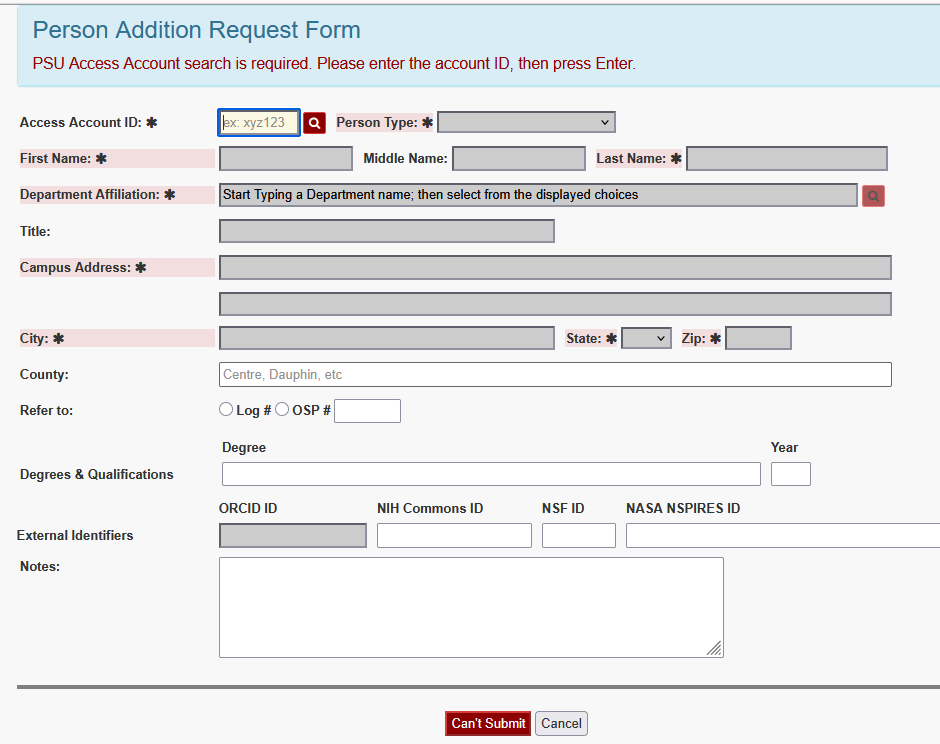 Unfilled Add Person form.