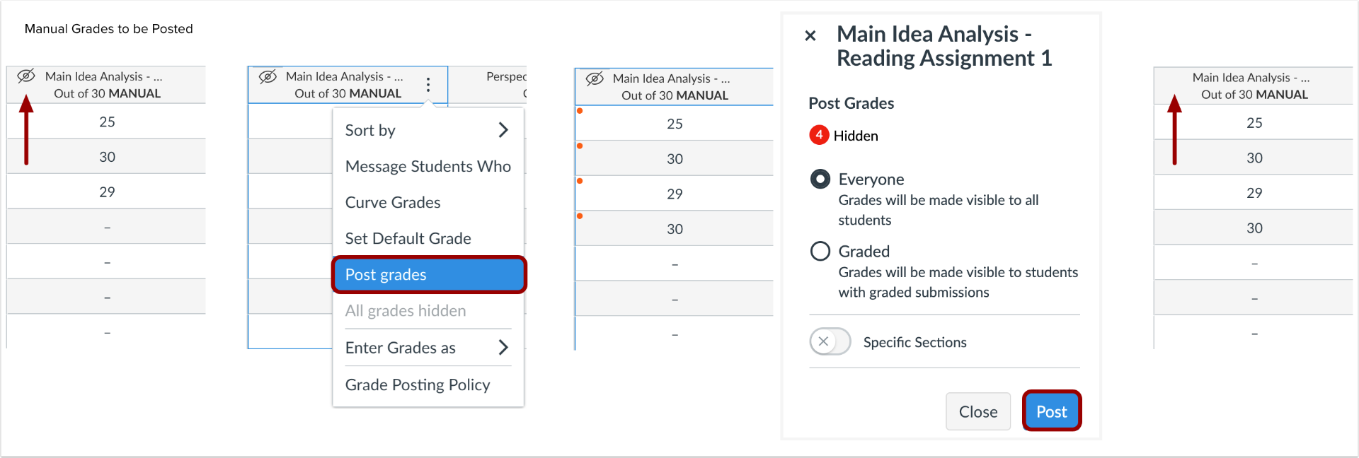 The black and white hidden visibility icon (the eye with a slash through it) indicates that grades have been entered into the gradebook and need to be posted.