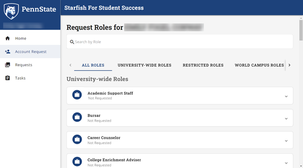 List of roles available for selection in the SRRS