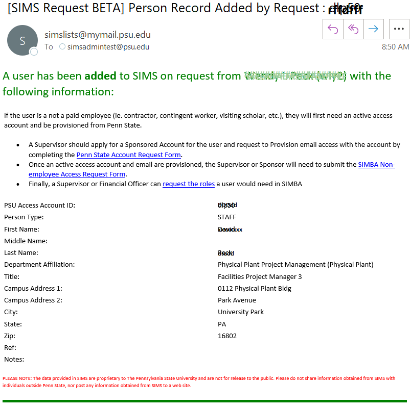 An example confirmation email for a person record added with the user info.