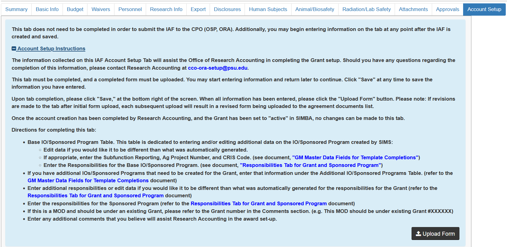 Account Setup tab with instructions expanded.