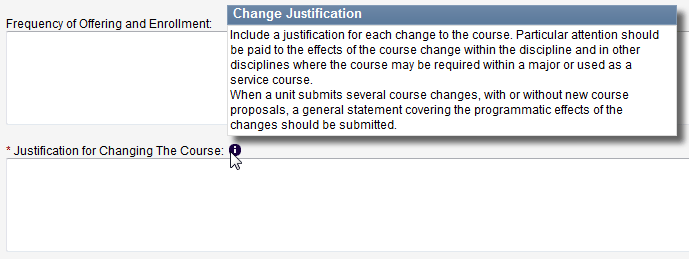 Screen capture of second portion of Course Justification screen.