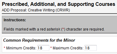 Screen capture of Common Requirements for the Minor section of Prescribed, Additional, and Supporting Courses screen.