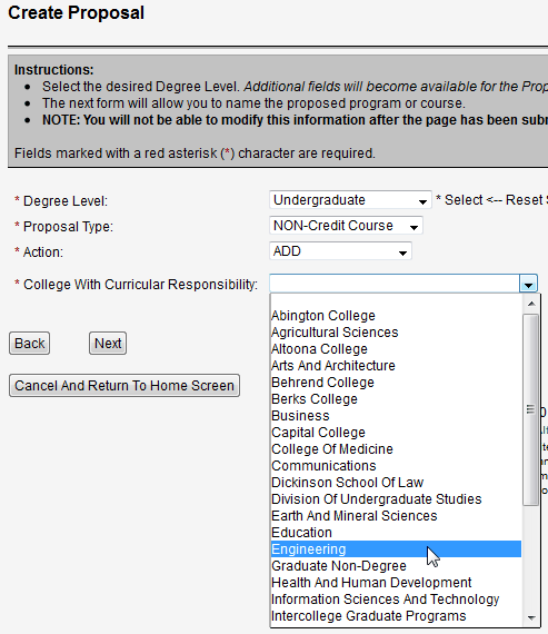 Screen capture of Create Proposal screen with undergraduate, non-credit course, add, and engineering selected.