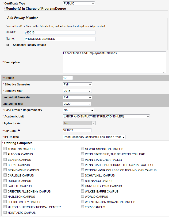 Screen capture of certificate outline fields.