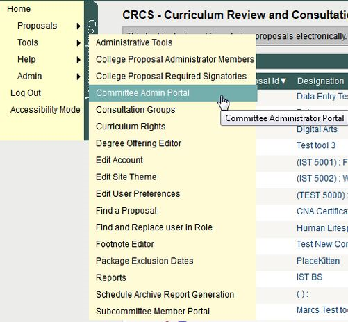 Screen capture of Committee Admin Portal link under Tools.