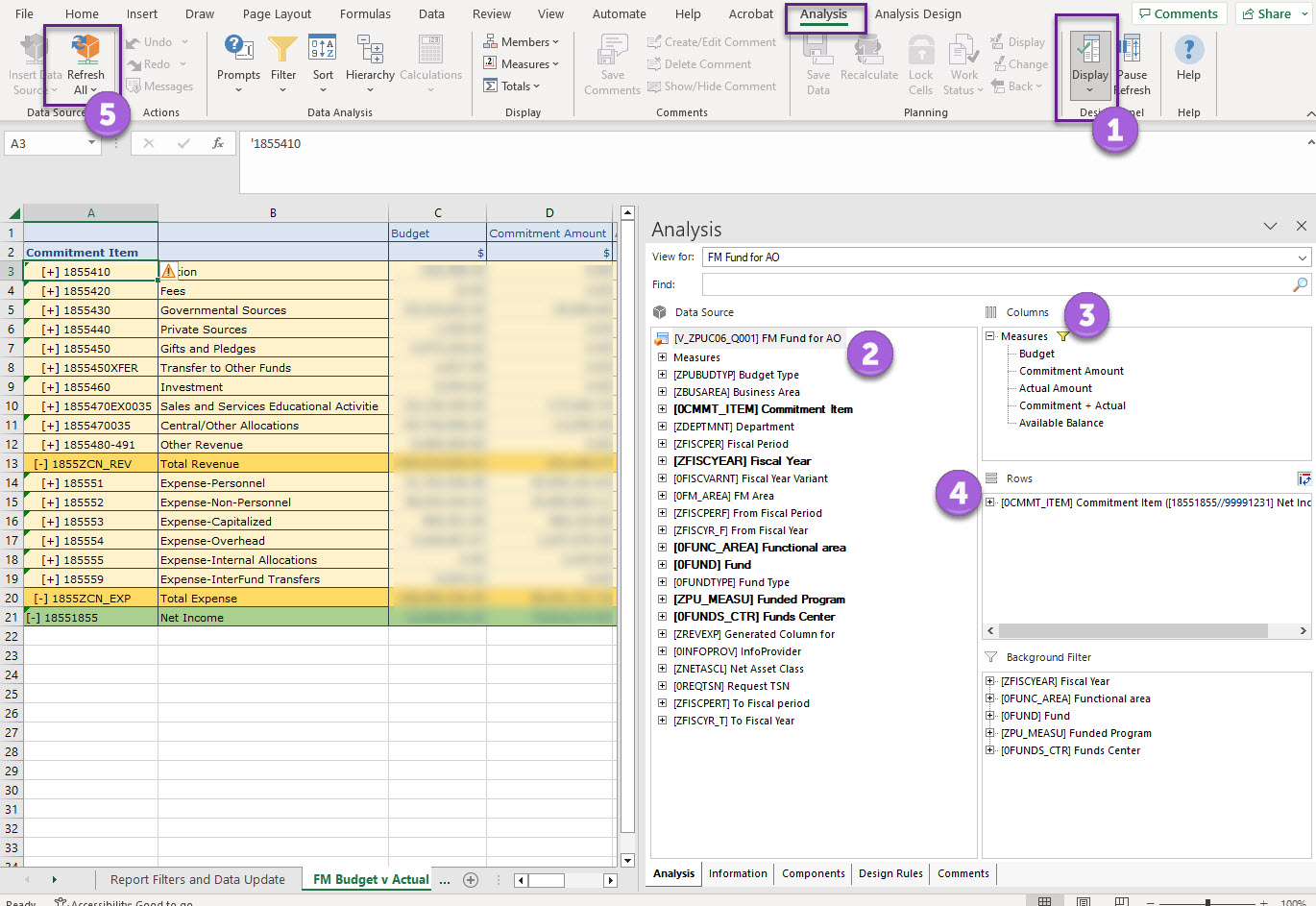 Screenshot of the Excel Report showing the display, objects, columns, rows, and refresh