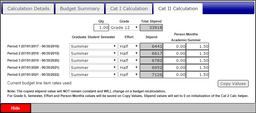Cat II Calculation tab broken down by period of performance.