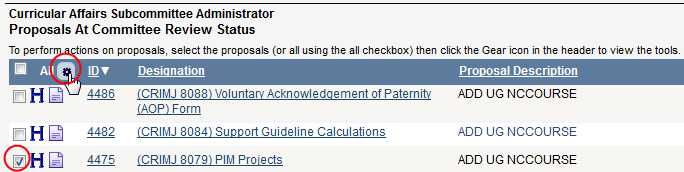 Screen capture of Proposals At Committee Review Status list with check box selected and gear icon being clicked.