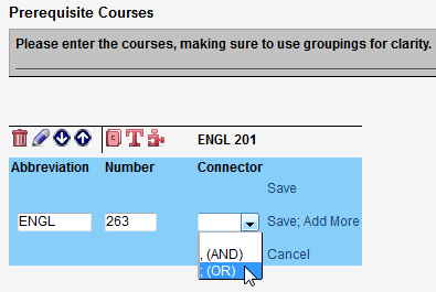 Screen capture of prerequisite courses portion of additional course information screen.