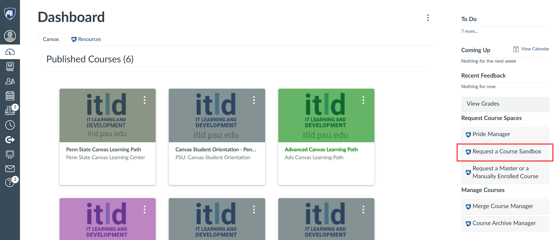 The Request a Course Sandbox button on the Canvas Dashboard.