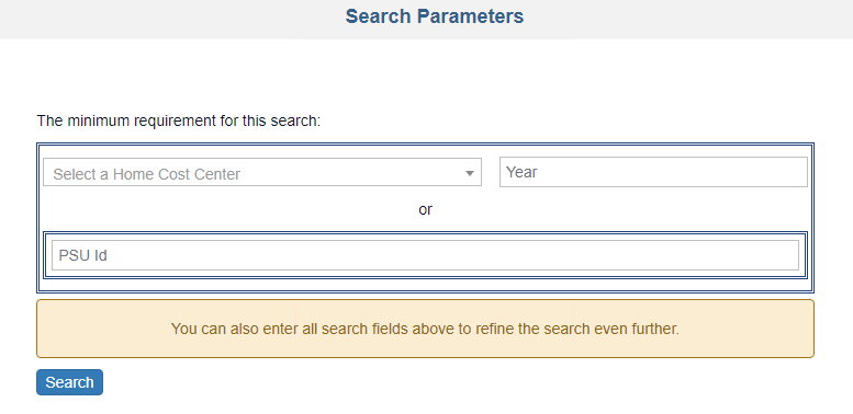 Search Parameters screen