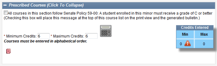 Screen capture of Prescribed Courses section of Prescribed, Additional, and Supporting Courses screen.