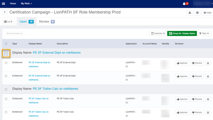 Select the checkbox next to a Display Name header to to make bulk decisions on everyone who has the selected role.
