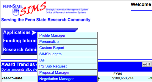 SIMS Entry Page - Applications menu - Negotiation Manager 