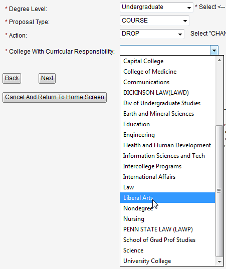 Screen capture of College with Curricular Responsibility pull-down menu with Liberal Arts selected.