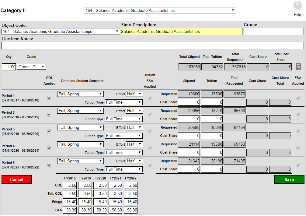 Category II line items detailed view with editable fields.