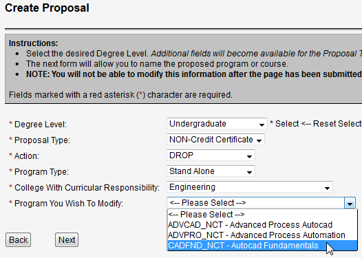 Screen capture of Create Proposal screen with undergraduate, non-credit certificate, drop, stand alone, engineering, and the program selected.
