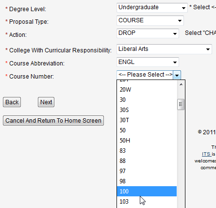 Screen capture of Course Abbreviation and Course Number pull-down menus.