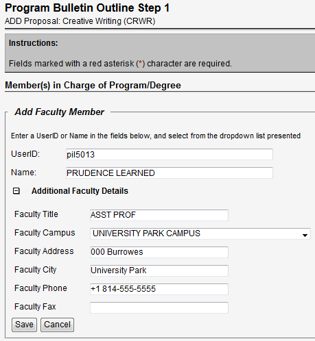 Screen capture of Members in Charge of Program/Degree section of Program Bulletin Outline Step 1 screen.