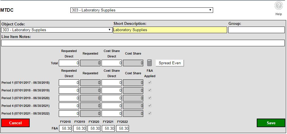 MTDC line item detail view with editable fields.