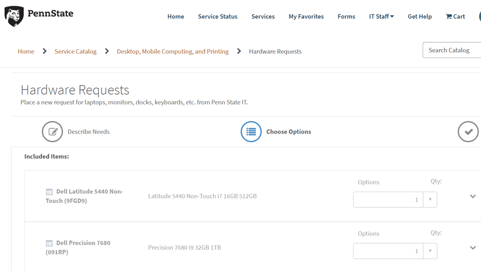 Image of the Choose Options screen on the Hardware Requests Order Guide