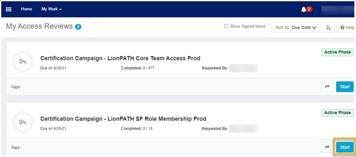 The My Access Reviews screen shows certification campaigns that are assigned to you to complete.