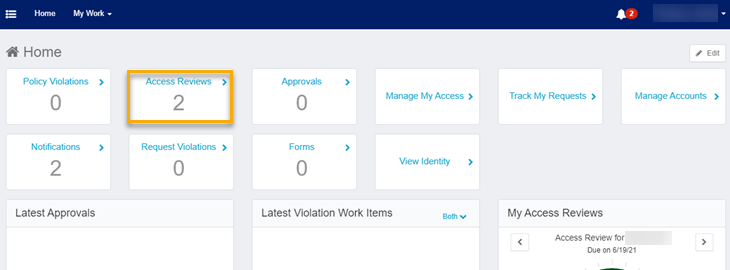 The IdentityIQ home screen where users can select Access Reviews.