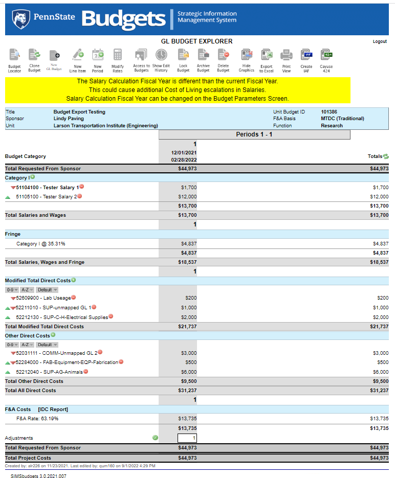 GL Budget Explorer view of a complete budget.