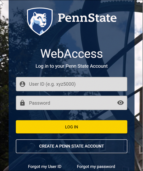 The Penn State WebAccess log in screen.