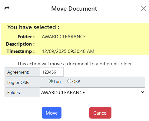 View of the Move Document pop-up in the Document Manager.