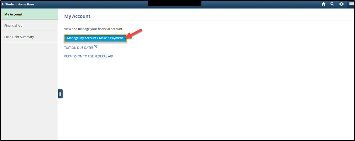 Screenshot of My Account page, showing Manage My Account/Make a Payment button