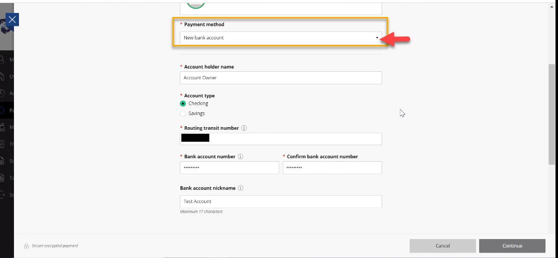 Screenshot of payment method showing electronic check option