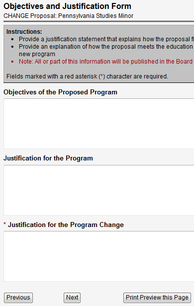 Screen capture of Objectives and Justification Form.