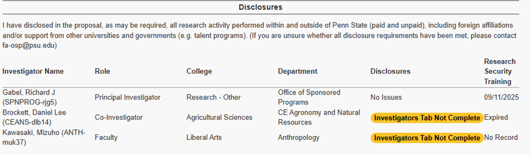 Disclosures tab showing Research Security Training responses for multiple Investigators.