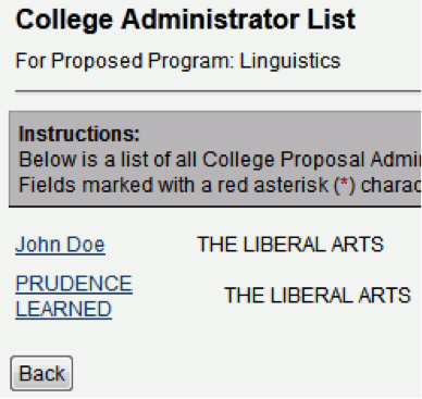 List of college administrators for a proposal form. It is a list of names and home colleges. The names are mailing hyperlinks.