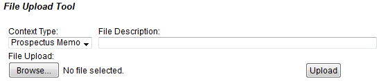 Screen capture of File Upload Tool section with Prospectus Memo selected.