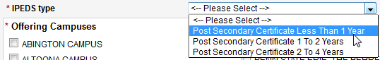 Screen capture of IPEDS type pull-down menu.