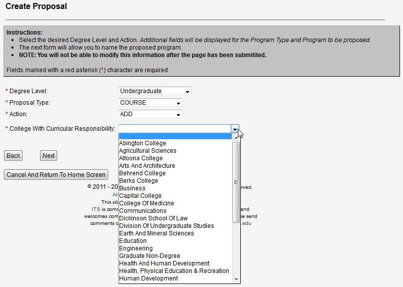 Screen capture of create proposal screen.