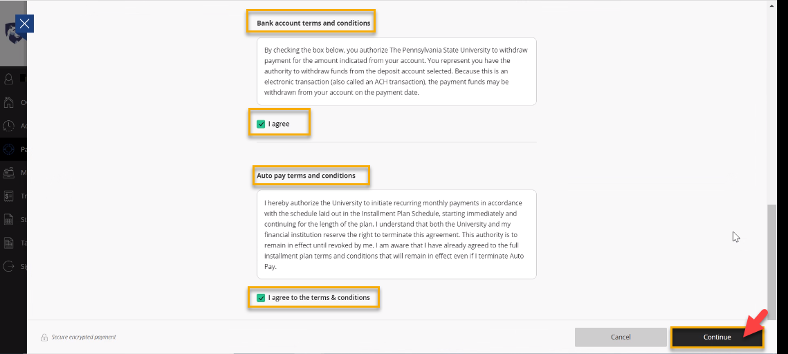 Screenshot of payment method showing terms and conditions
