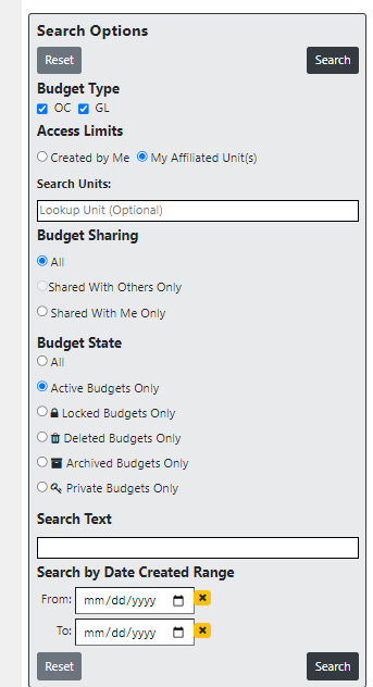 Budget locator search options panel.