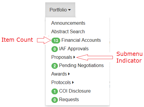 screenshot of portfolio menu with submenu  collapsed